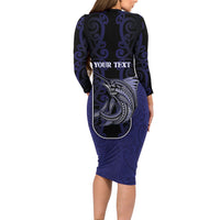 Personalised New Zealand Aotearoa Family Matching Long Sleeve Bodycon Dress and Hawaiian Shirt Blue Marlin Fishing Maori Pattern
