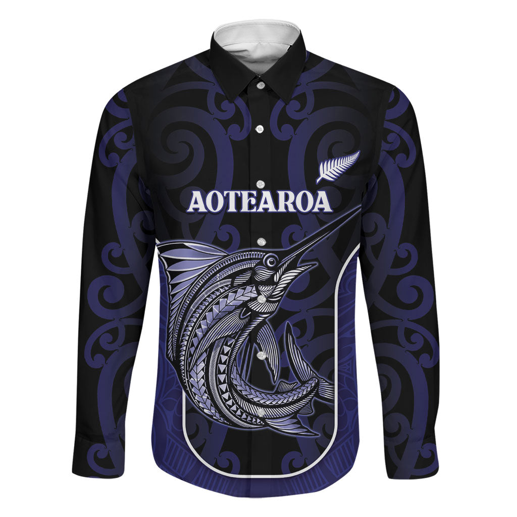 Personalised New Zealand Aotearoa Family Matching Mermaid Dress and Hawaiian Shirt Blue Marlin Fishing Maori Pattern