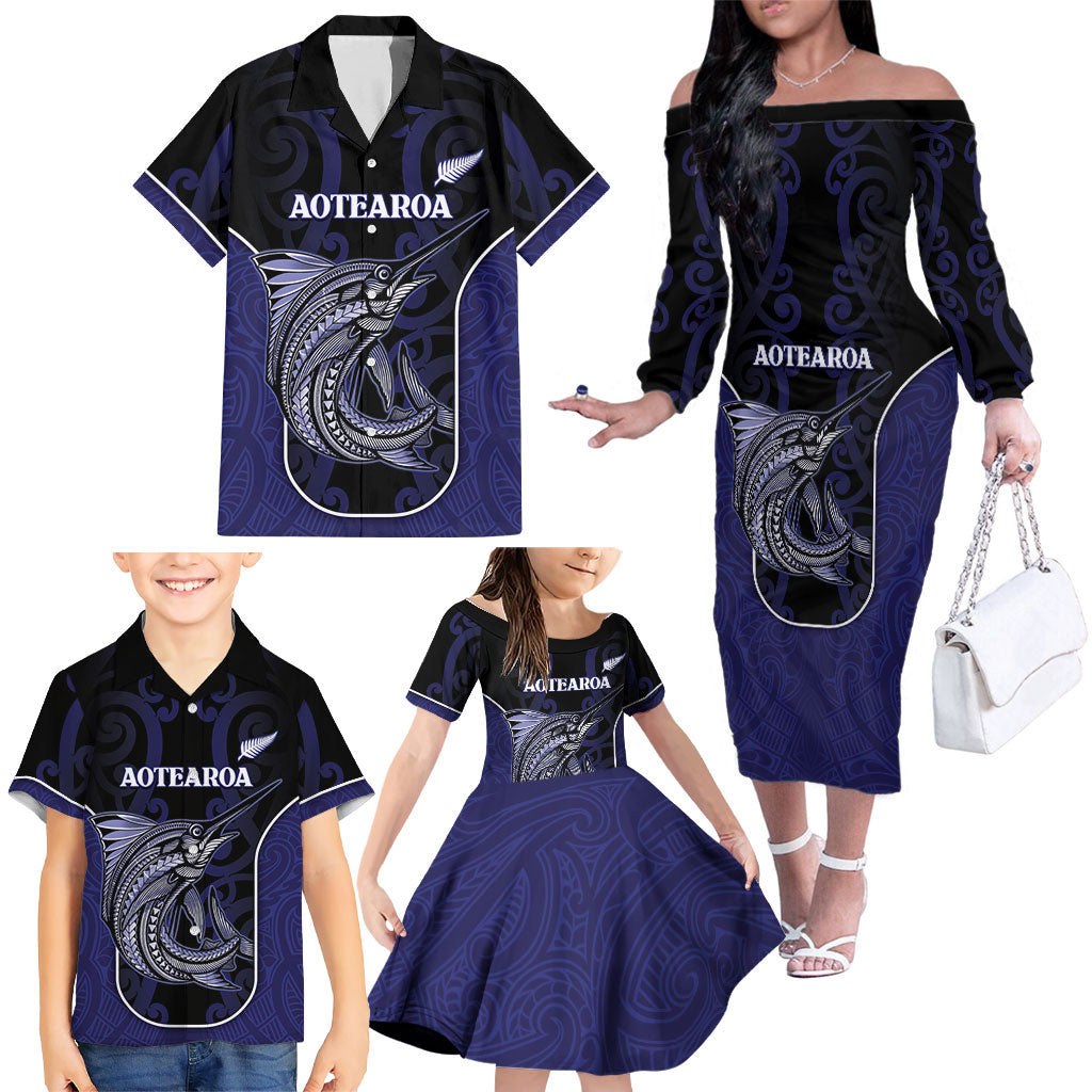 Personalised New Zealand Aotearoa Family Matching Off The Shoulder Long Sleeve Dress and Hawaiian Shirt Blue Marlin Fishing Maori Pattern LT05 - Polynesian Pride