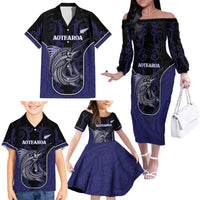 Personalised New Zealand Aotearoa Family Matching Off The Shoulder Long Sleeve Dress and Hawaiian Shirt Blue Marlin Fishing Maori Pattern