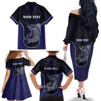 Personalised New Zealand Aotearoa Family Matching Off The Shoulder Long Sleeve Dress and Hawaiian Shirt Blue Marlin Fishing Maori Pattern