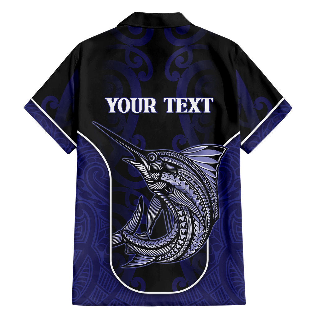 Personalised New Zealand Aotearoa Family Matching Off The Shoulder Long Sleeve Dress and Hawaiian Shirt Blue Marlin Fishing Maori Pattern