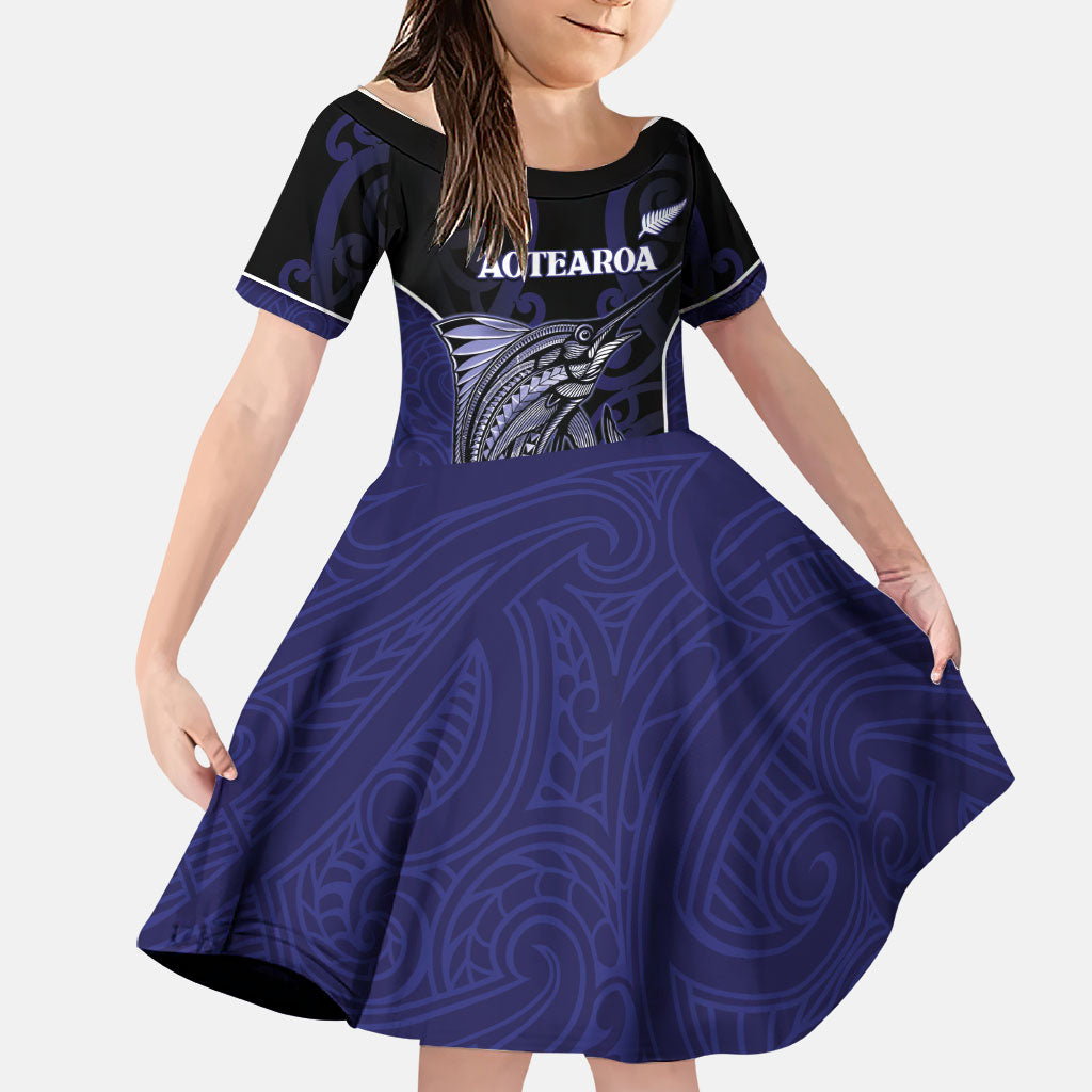 Personalised New Zealand Aotearoa Family Matching Off Shoulder Maxi Dress and Hawaiian Shirt Blue Marlin Fishing Maori Pattern