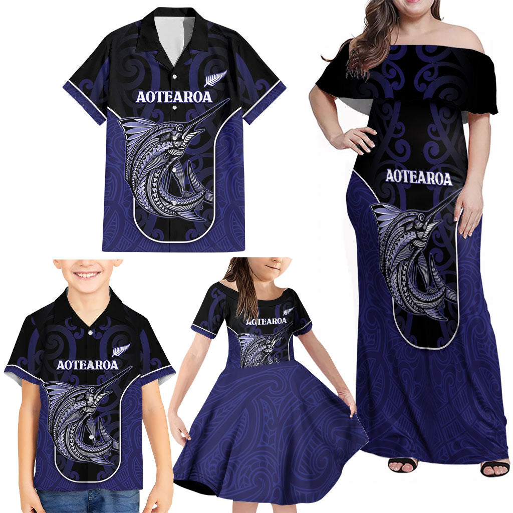Personalised New Zealand Aotearoa Family Matching Off Shoulder Maxi Dress and Hawaiian Shirt Blue Marlin Fishing Maori Pattern LT05 - Polynesian Pride