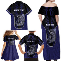 Personalised New Zealand Aotearoa Family Matching Off Shoulder Maxi Dress and Hawaiian Shirt Blue Marlin Fishing Maori Pattern
