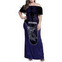 Personalised New Zealand Aotearoa Family Matching Off Shoulder Maxi Dress and Hawaiian Shirt Blue Marlin Fishing Maori Pattern