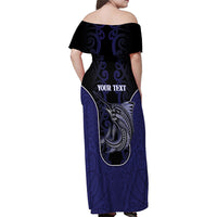 Personalised New Zealand Aotearoa Family Matching Off Shoulder Maxi Dress and Hawaiian Shirt Blue Marlin Fishing Maori Pattern