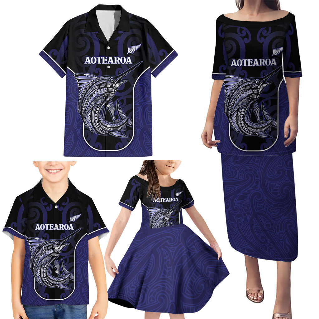 Personalised New Zealand Aotearoa Family Matching Puletasi and Hawaiian Shirt Blue Marlin Fishing Maori Pattern LT05 - Polynesian Pride