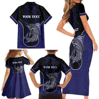Personalised New Zealand Aotearoa Family Matching Short Sleeve Bodycon Dress and Hawaiian Shirt Blue Marlin Fishing Maori Pattern