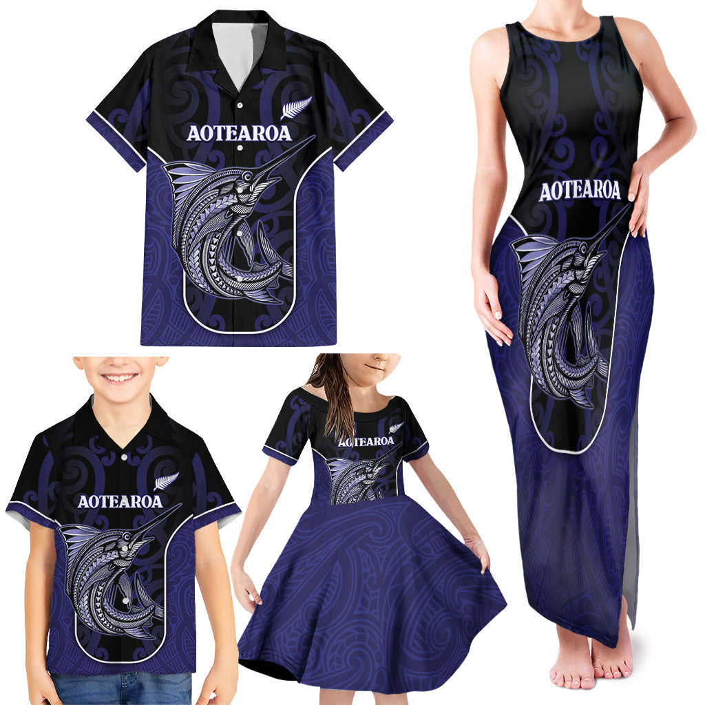 Personalised New Zealand Aotearoa Family Matching Tank Maxi Dress and Hawaiian Shirt Blue Marlin Fishing Maori Pattern LT05 - Polynesian Pride
