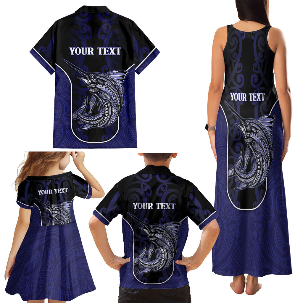 Personalised New Zealand Aotearoa Family Matching Tank Maxi Dress and Hawaiian Shirt Blue Marlin Fishing Maori Pattern