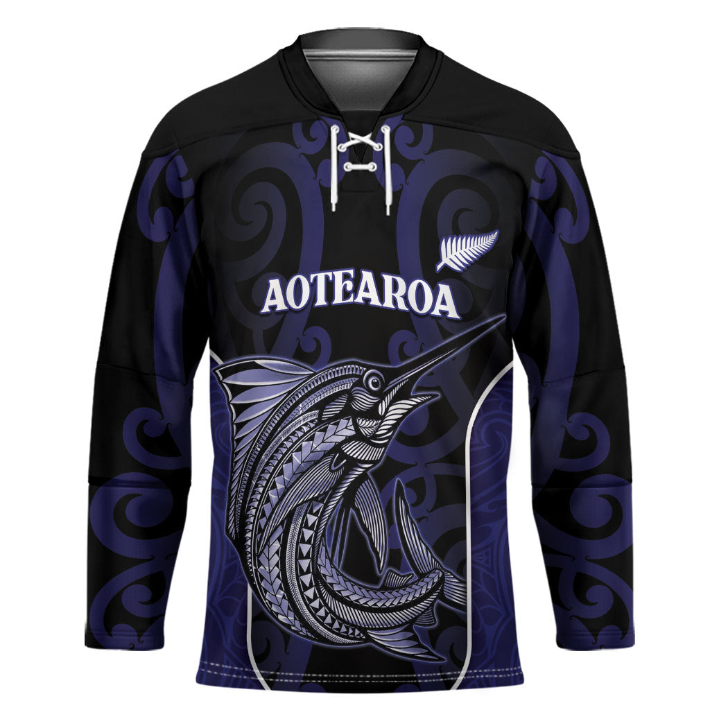 Personalised New Zealand Aotearoa Hockey Jersey Blue Marlin Fishing Maori Pattern LT05 Unisex Black - Polynesian Pride