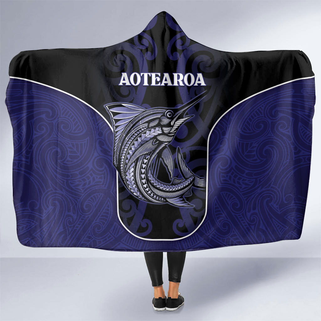 New Zealand Aotearoa Hooded Blanket Blue Marlin Fishing Maori Pattern LT05 One Size Black - Polynesian Pride