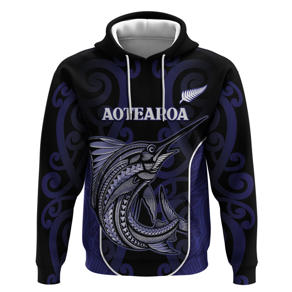 Personalised New Zealand Aotearoa Hoodie Blue Marlin Fishing Maori Pattern LT05 Pullover Hoodie Black - Polynesian Pride