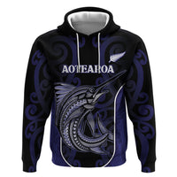 Personalised New Zealand Aotearoa Hoodie Blue Marlin Fishing Maori Pattern LT05 Pullover Hoodie Black - Polynesian Pride