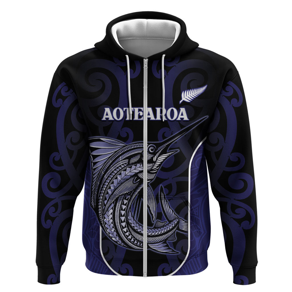 Personalised New Zealand Aotearoa Hoodie Blue Marlin Fishing Maori Pattern LT05 Zip Hoodie Black - Polynesian Pride