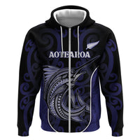 Personalised New Zealand Aotearoa Hoodie Blue Marlin Fishing Maori Pattern LT05 Zip Hoodie Black - Polynesian Pride