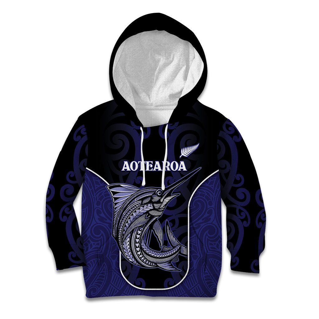 Personalised New Zealand Aotearoa Kid Hoodie Blue Marlin Fishing Maori Pattern LT05 Hoodie Black - Polynesian Pride