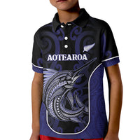 Personalised New Zealand Aotearoa Kid Polo Shirt Blue Marlin Fishing Maori Pattern