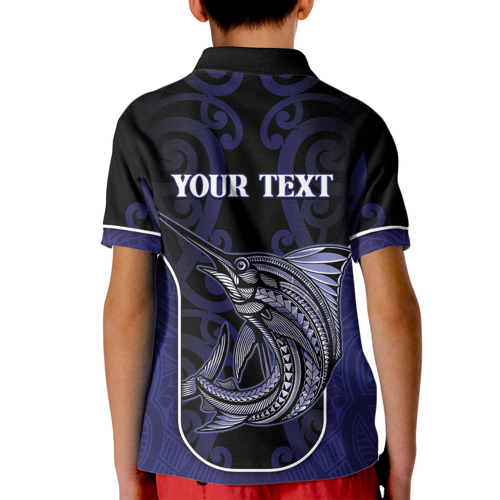 Personalised New Zealand Aotearoa Kid Polo Shirt Blue Marlin Fishing Maori Pattern
