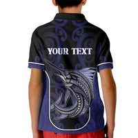 Personalised New Zealand Aotearoa Kid Polo Shirt Blue Marlin Fishing Maori Pattern