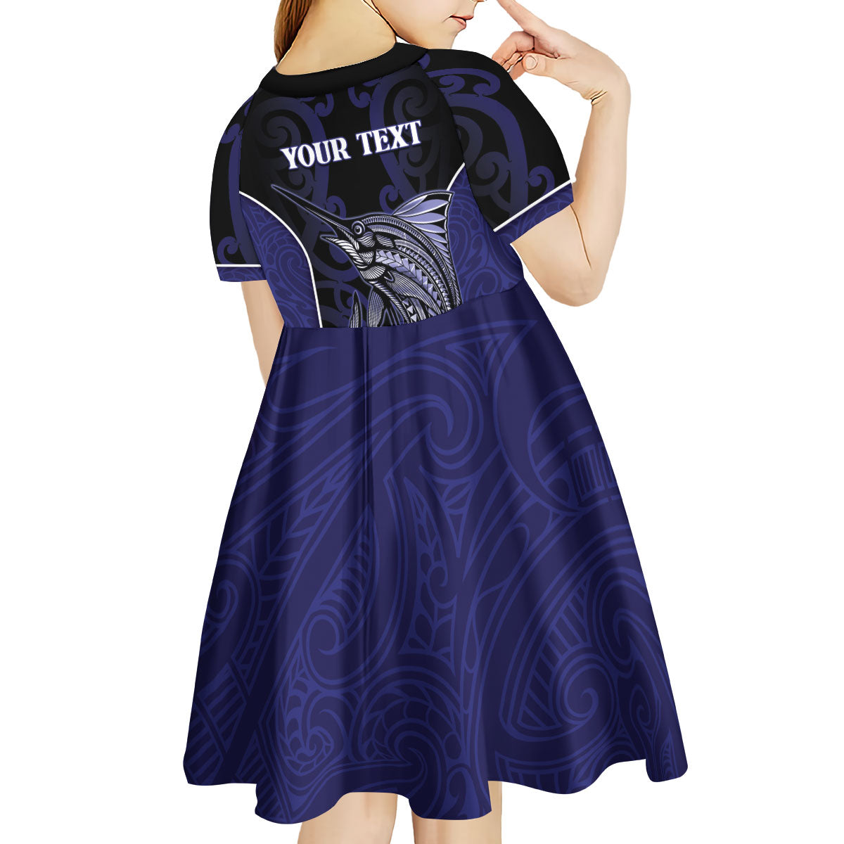 Personalised New Zealand Aotearoa Kid Short Sleeve Dress Blue Marlin Fishing Maori Pattern