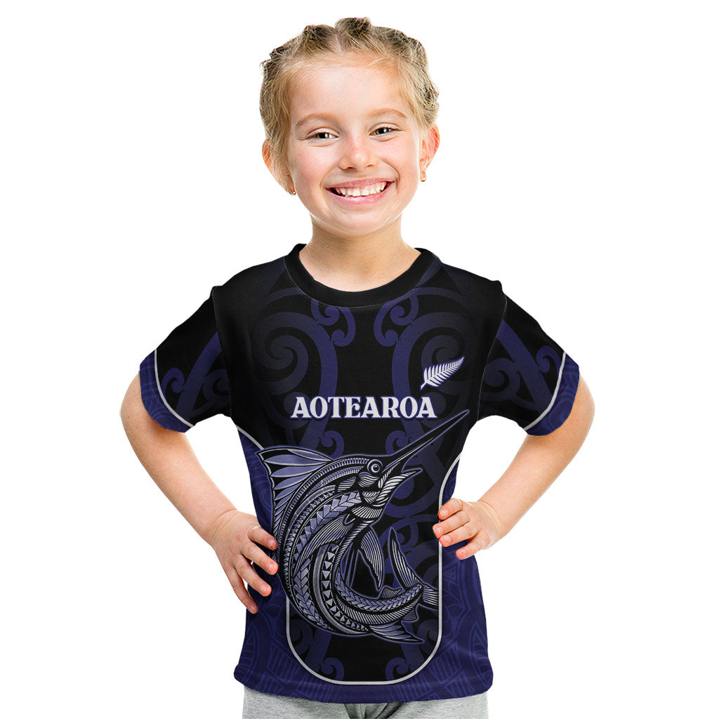 Personalised New Zealand Aotearoa Kid T Shirt Blue Marlin Fishing Maori Pattern LT05 Black - Polynesian Pride