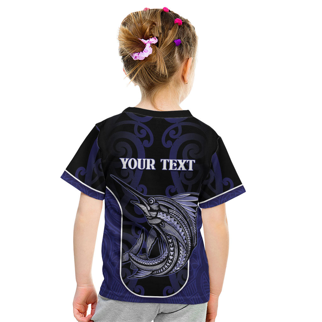 Personalised New Zealand Aotearoa Kid T Shirt Blue Marlin Fishing Maori Pattern LT05 - Polynesian Pride