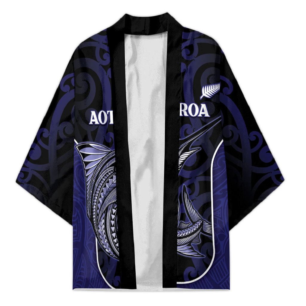 Personalised New Zealand Aotearoa Kimono Blue Marlin Fishing Maori Pattern LT05 Unisex Black - Polynesian Pride