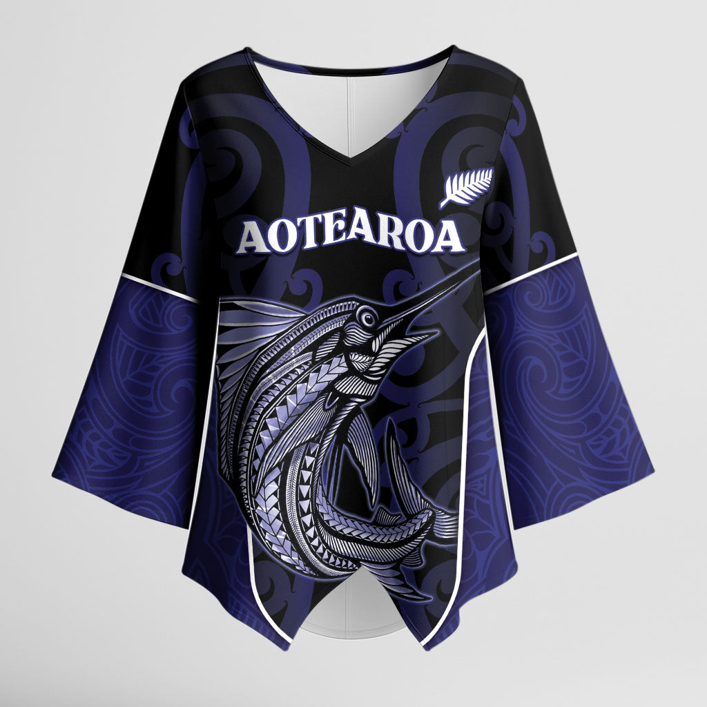 Personalised New Zealand Aotearoa Kimono Sleeve Blouse Blue Marlin Fishing Maori Pattern LT05 Female Black - Polynesian Pride