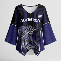 Personalised New Zealand Aotearoa Kimono Sleeve Blouse Blue Marlin Fishing Maori Pattern LT05 Female Black - Polynesian Pride