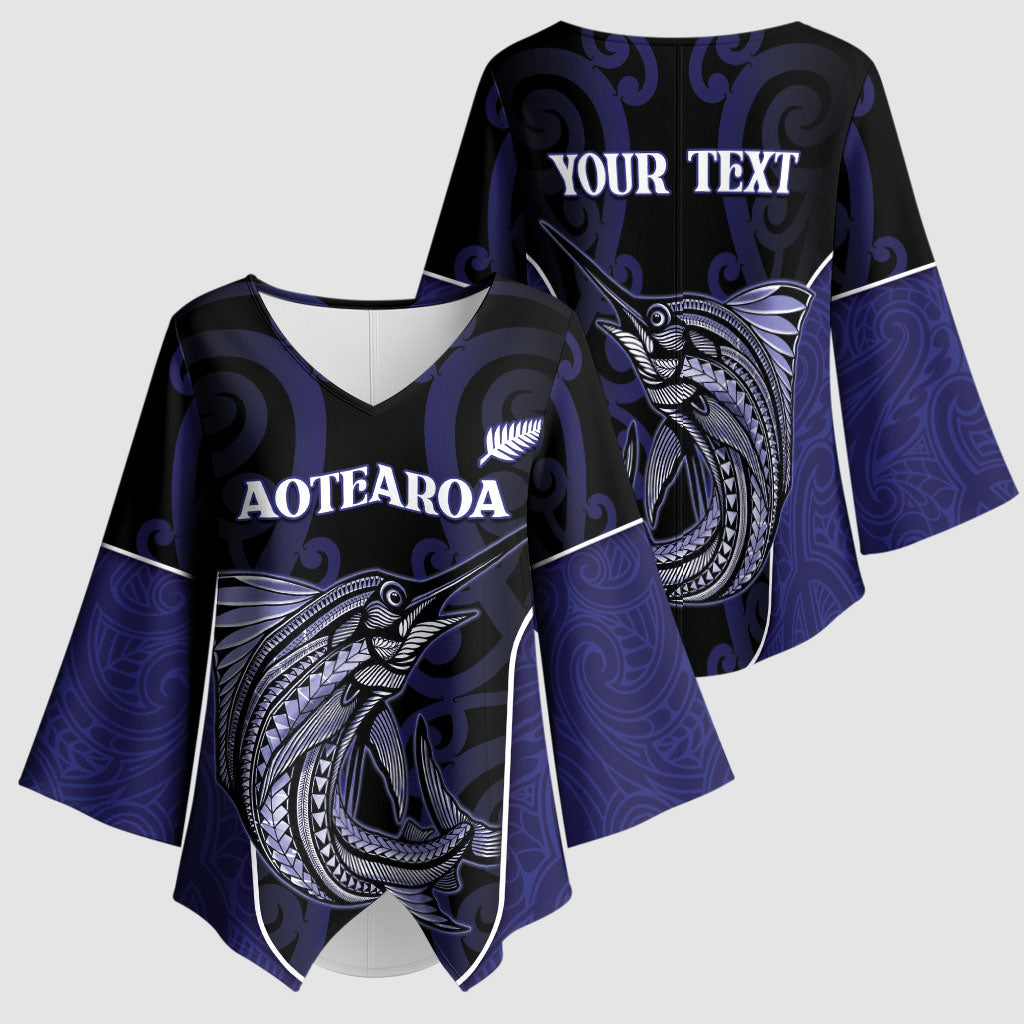 Personalised New Zealand Aotearoa Kimono Sleeve Blouse Blue Marlin Fishing Maori Pattern LT05 - Polynesian Pride