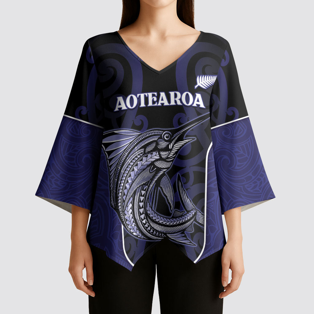 Personalised New Zealand Aotearoa Kimono Sleeve Blouse Blue Marlin Fishing Maori Pattern LT05 - Polynesian Pride