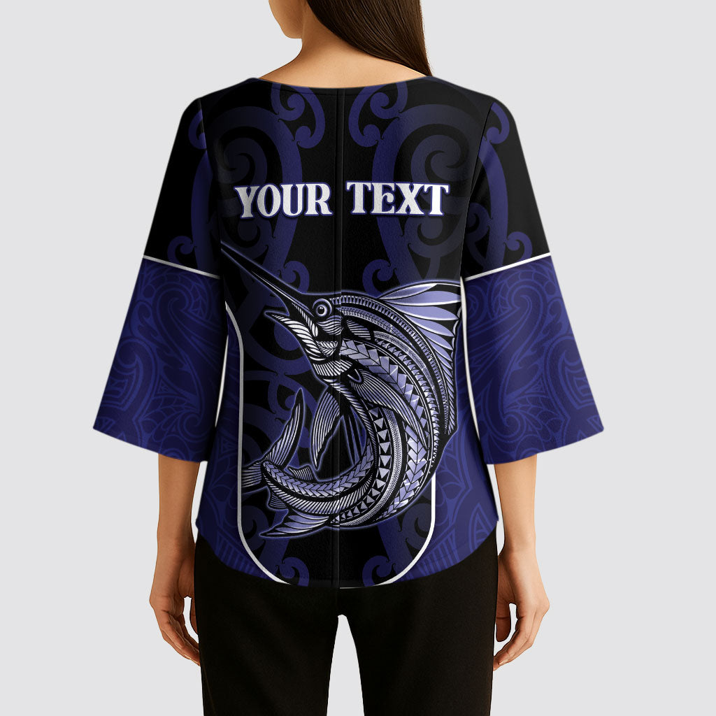 Personalised New Zealand Aotearoa Kimono Sleeve Blouse Blue Marlin Fishing Maori Pattern LT05 - Polynesian Pride