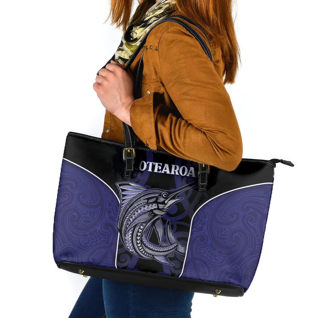 New Zealand Aotearoa Leather Tote Bag Blue Marlin Fishing Maori Pattern LT05 Black - Polynesian Pride