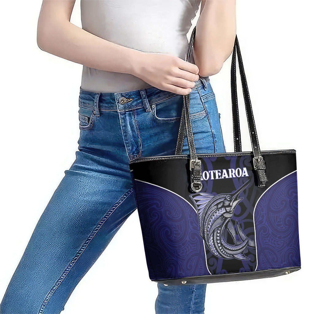 New Zealand Aotearoa Leather Tote Bag Blue Marlin Fishing Maori Pattern LT05 - Polynesian Pride