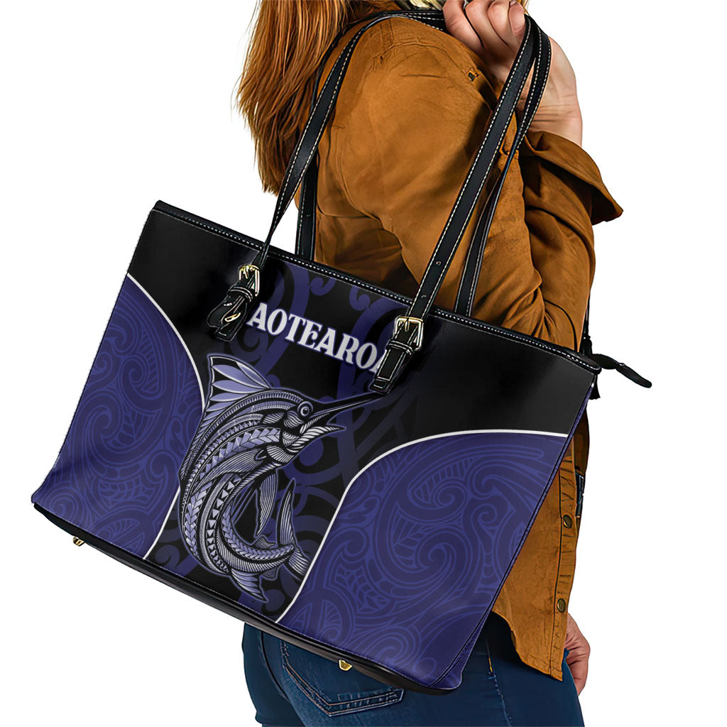 New Zealand Aotearoa Leather Tote Bag Blue Marlin Fishing Maori Pattern LT05 - Polynesian Pride