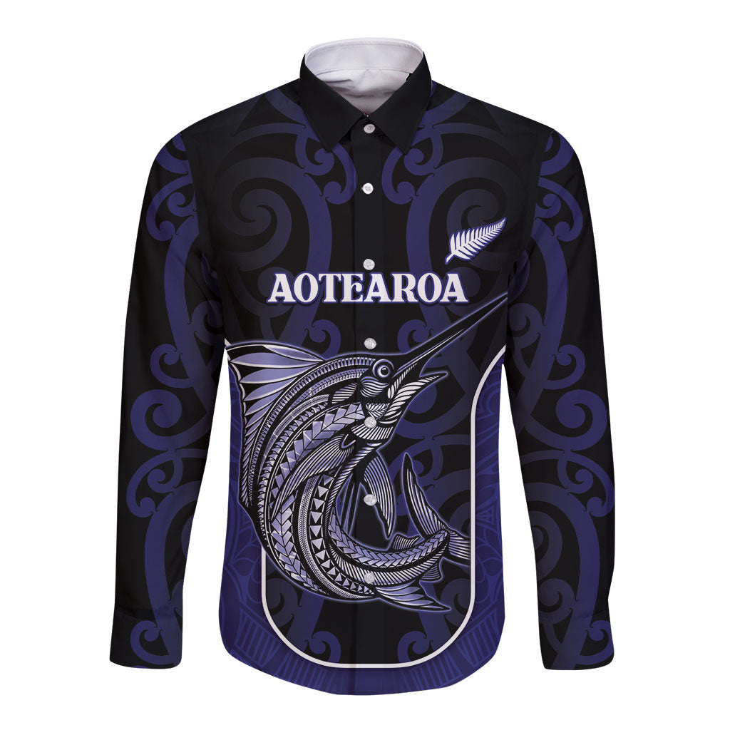 Personalised New Zealand Aotearoa Long Sleeve Button Shirt Blue Marlin Fishing Maori Pattern LT05 Unisex Black - Polynesian Pride