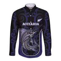Personalised New Zealand Aotearoa Long Sleeve Button Shirt Blue Marlin Fishing Maori Pattern LT05 Unisex Black - Polynesian Pride
