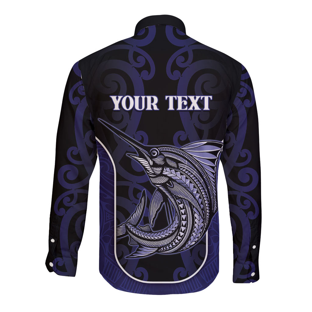 Personalised New Zealand Aotearoa Long Sleeve Button Shirt Blue Marlin Fishing Maori Pattern LT05 - Polynesian Pride