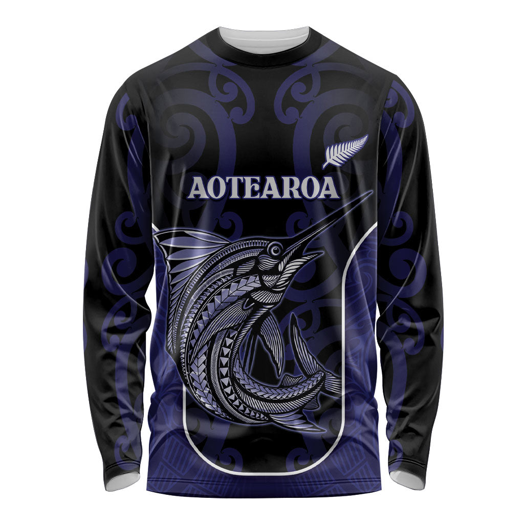 Personalised New Zealand Aotearoa Long Sleeve Shirt Blue Marlin Fishing Maori Pattern LT05 Unisex Black - Polynesian Pride