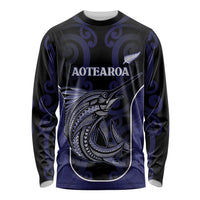 Personalised New Zealand Aotearoa Long Sleeve Shirt Blue Marlin Fishing Maori Pattern LT05 Unisex Black - Polynesian Pride