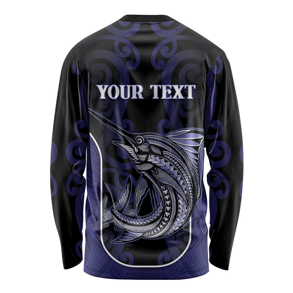 Personalised New Zealand Aotearoa Long Sleeve Shirt Blue Marlin Fishing Maori Pattern LT05 - Polynesian Pride