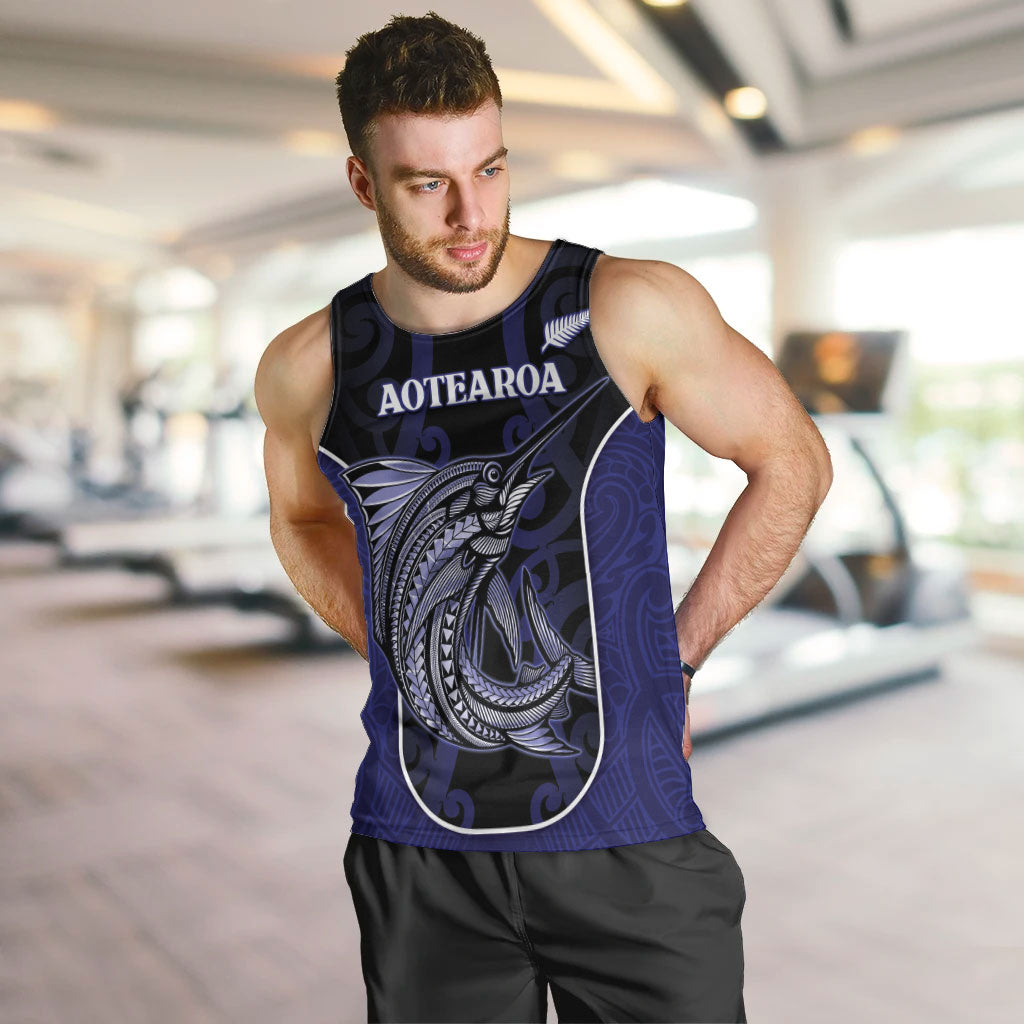 Personalised New Zealand Aotearoa Men Tank Top Blue Marlin Fishing Maori Pattern LT05 Black - Polynesian Pride