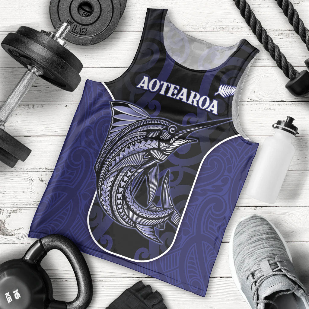 Personalised New Zealand Aotearoa Men Tank Top Blue Marlin Fishing Maori Pattern LT05 - Polynesian Pride