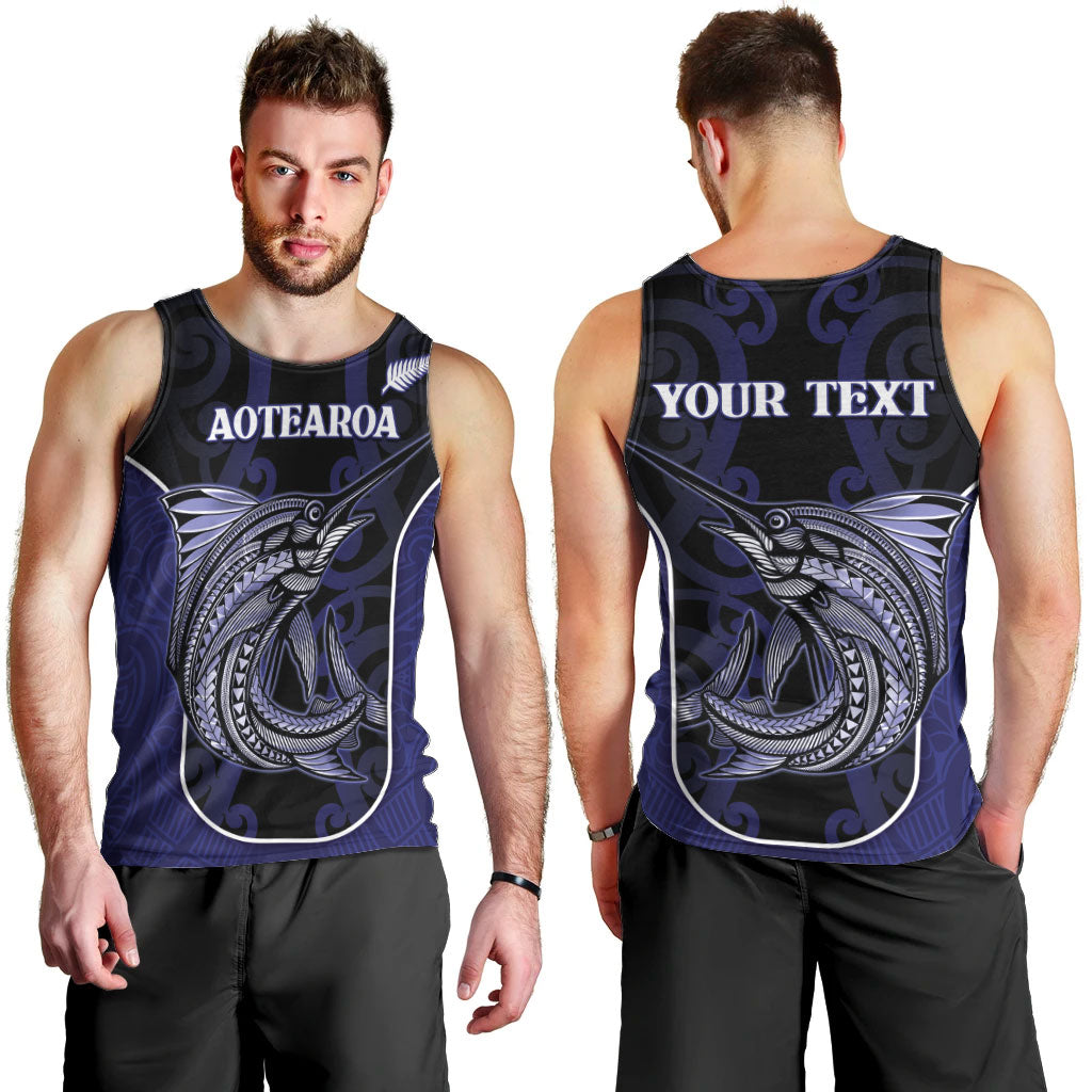 Personalised New Zealand Aotearoa Men Tank Top Blue Marlin Fishing Maori Pattern LT05 - Polynesian Pride
