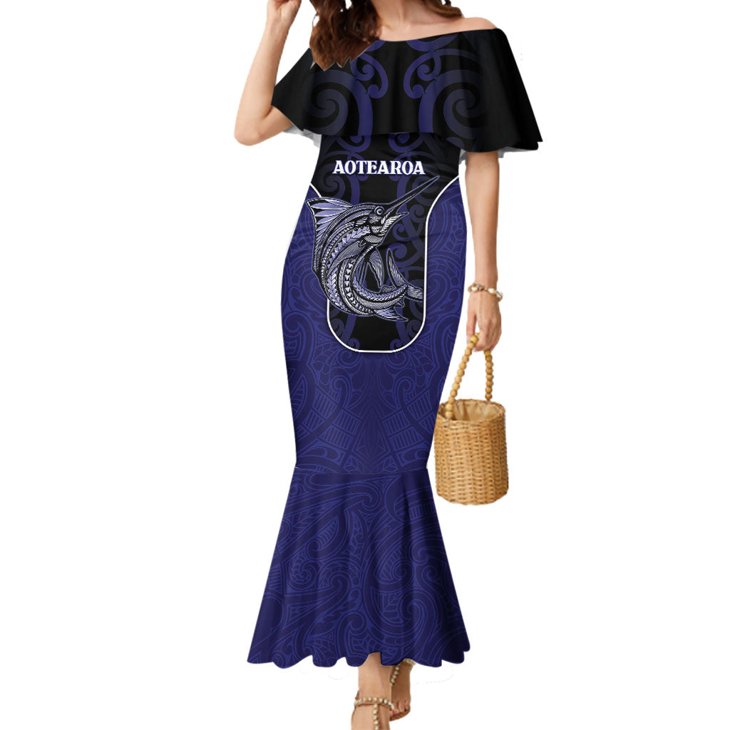 Personalised New Zealand Aotearoa Mermaid Dress Blue Marlin Fishing Maori Pattern