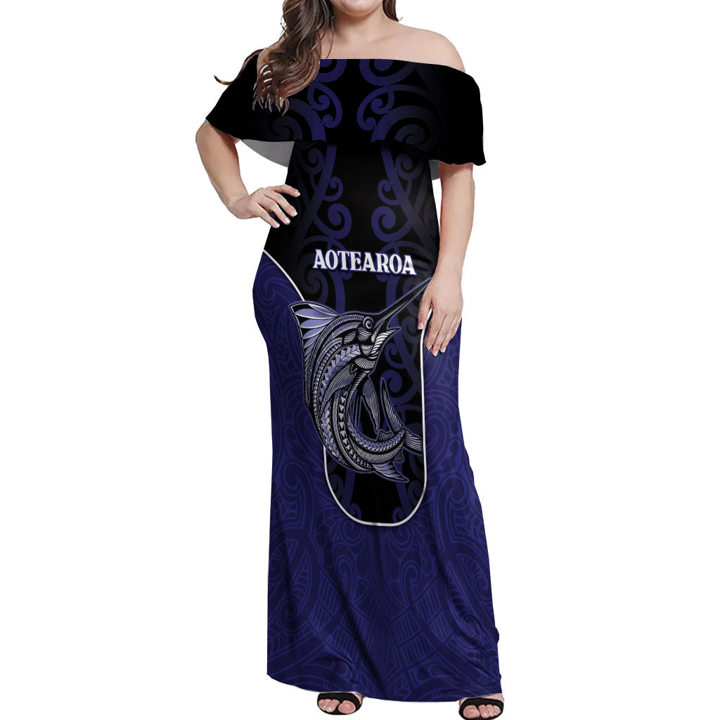 Personalised New Zealand Aotearoa Off Shoulder Maxi Dress Blue Marlin Fishing Maori Pattern LT05 Women Black - Polynesian Pride