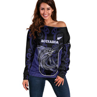 Personalised New Zealand Aotearoa Off Shoulder Sweater Blue Marlin Fishing Maori Pattern LT05 Women Black - Polynesian Pride