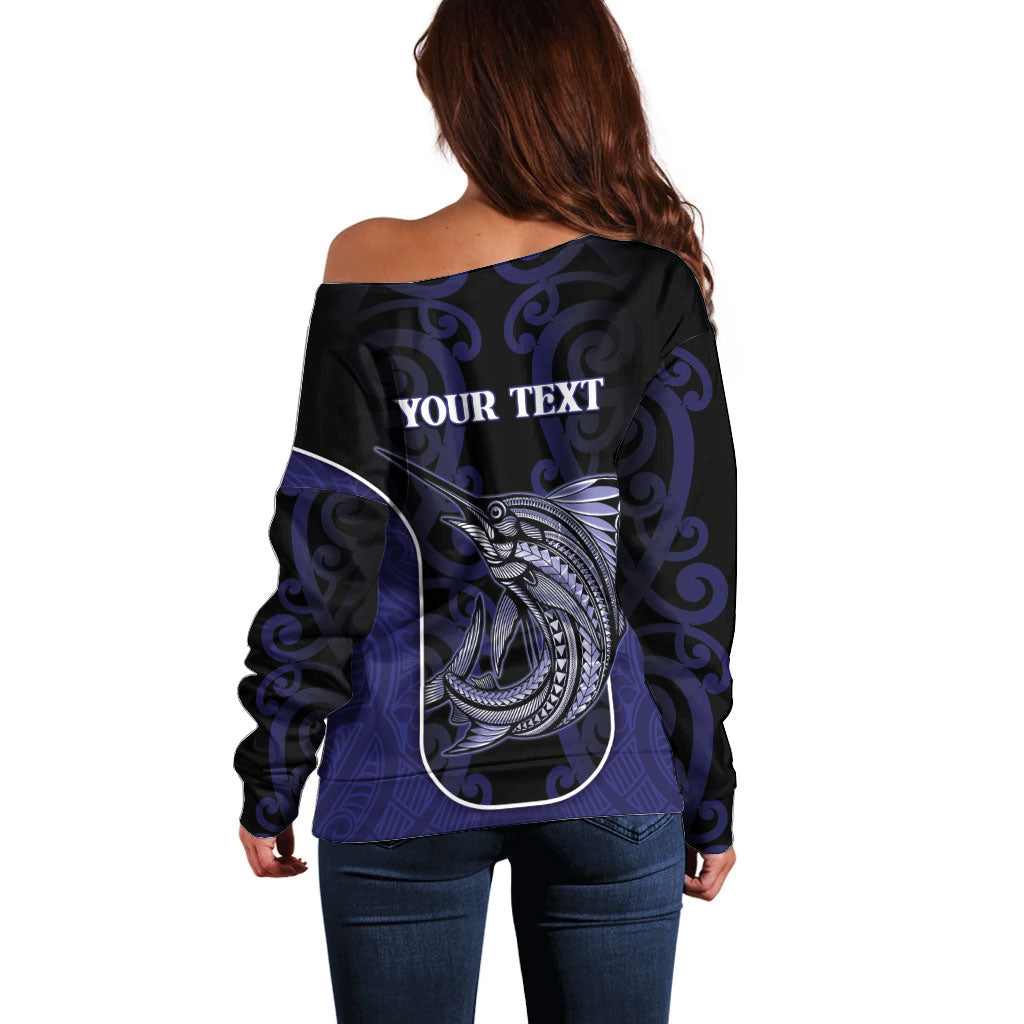 Personalised New Zealand Aotearoa Off Shoulder Sweater Blue Marlin Fishing Maori Pattern LT05 - Polynesian Pride